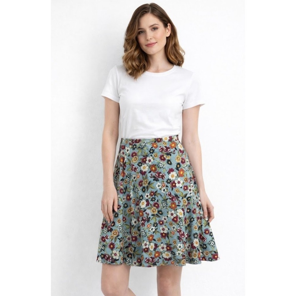 Lapis Floral A-Line Skirt Womens Medium Blue Linen Blend Floral 70'S Boho